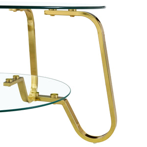 English Elm Retro Industrial Square Coffee Table Dual Tier Tempered Glass and Powder Coated Metal Frame Gold W3875P373155