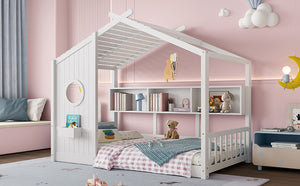 English Elm Twin House Floor Bed for Kids Montessori Playhouse with Roof, Built-In Shelf, Sturdy Pine Frame, Safeologna White 78.6 L x 16.6 W x 6.85 H N733P335064K
