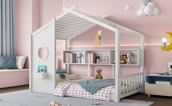 English Elm Twin House Floor Bed for Kids Montessori Playhouse with Roof, Built-In Shelf, Sturdy Pine Frame, Safeologna White 78.6 L x 16.6 W x 6.85 H N733P335064K