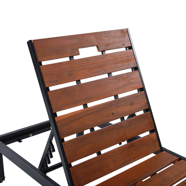 English Elm Outdoor Acacia Wood Slat Chaise Lounge with Powder Coated Frame for Patio Resort Black+Brown N719P383161D