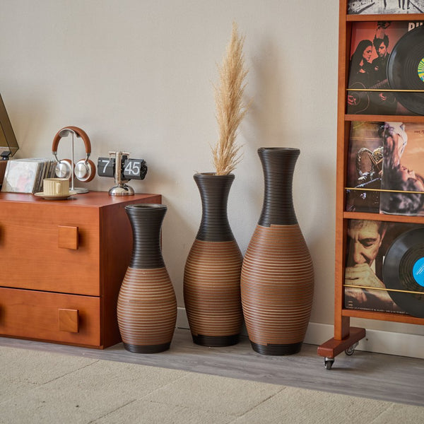English Elm Set of 3 designer floor vases in Grey+Brown PVC, modern rattan-look tall decor for hallways & living rooms W2796P261496