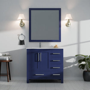 English Elm Navy Blue Bath Vanity With Left Offset Quartz Top, Stylish Mirror & Ample Storage Solutions Included B2731S00693