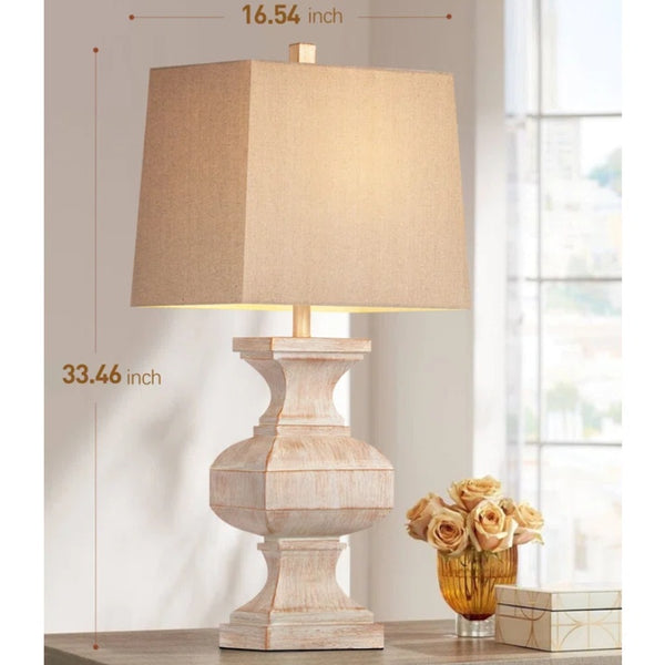 English Elm 33-inch Vintage Resin Table Lamp Beige & White, Rustic 33" Side Lamp with LED Bulb for Cozy Living Rooms W3355P391641
