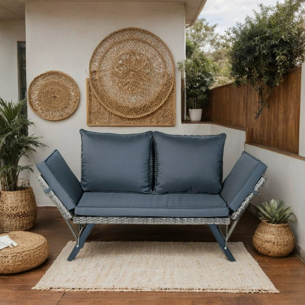English Elm 1 PCS Patio Wicker Bench Foldable Side Armrest Grey Wicker Dark Grey Cushion Weatherproof Seat W329P285874