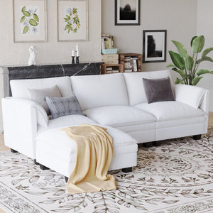 English Elm 107.8'' L-shaped Fabric Sectional Sofa with Movable Ottoman and Armrest Pockets W680S00044