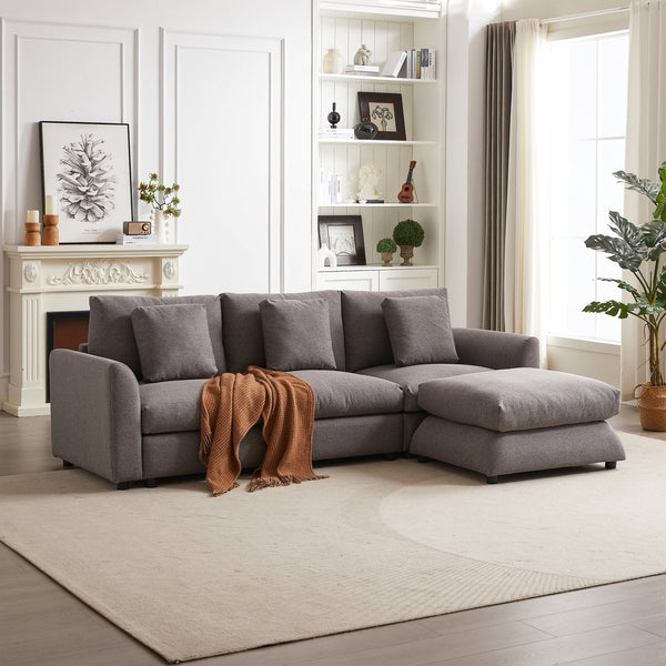 English Elm MH102.2 Modular 102.2" L-Shaped Sectional Sofa with Ottoman, 3 Cushions & Pillows, Upholstered Comfort Grey W1193S00138