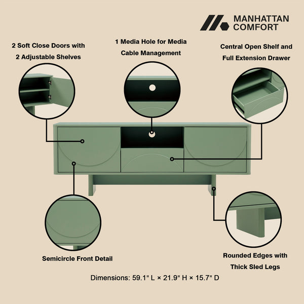 English Elm Ella Mid-Century 59" TV Stand with Cable Management, Adjustable Shelves, Drawer & Sled Legs Sage Green B365S00122