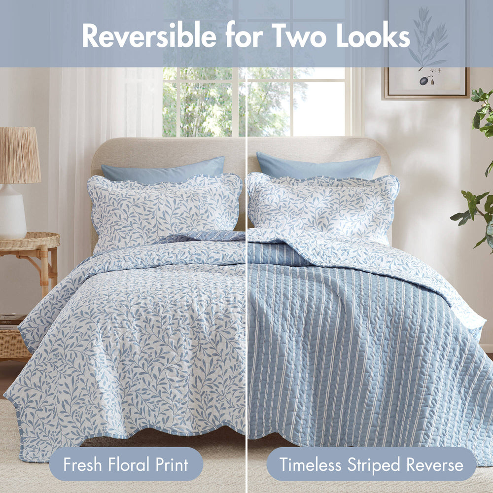 English Elm 3-piece King Quilt Set Scalloped Hem Microfiber Bedding for Master or Guest Room Blue B035P482951