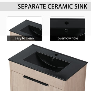 English Elm 72 Inch Freestanding Bathroom Vanity Set With Black Ceramic Sinks, Soft-Close Doors & Storage Solutions W999S00319