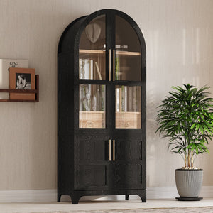 English Elm K&K Arched 71" Kitchen Pantry Cabinet with Glass Doors, Brass Handles, Adjustable Shelves & Drawer Black N707P288969B