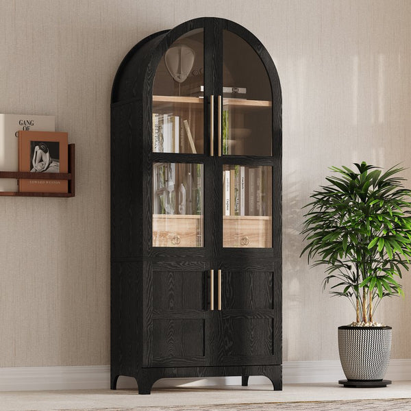 English Elm K&K Arched 71" Kitchen Pantry Cabinet with Glass Doors, Brass Handles, Adjustable Shelves & Drawer Black N707P288969B