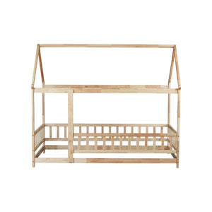 English Elm Twin House Frame Floor Bed Rubberwood with Roof Canopy and Safety Rails for Kids Natural W504P429345