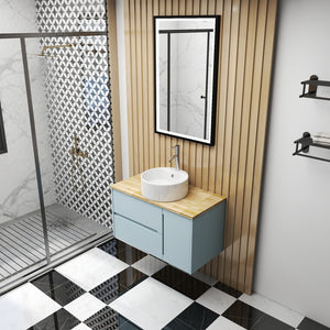 English Elm 36-Inch Wall-Mounted Bathroom Vanity With Blue Cabinet, Natural Wood Top & Round Ceramic Sink Design W3151S00011