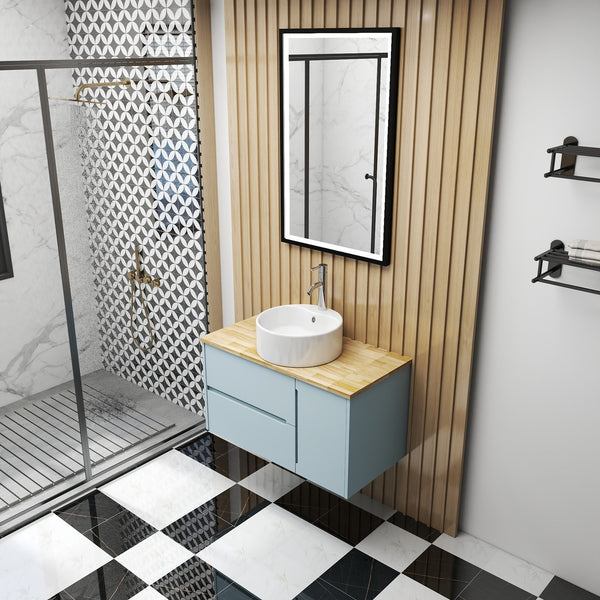English Elm 36-Inch Wall-Mounted Bathroom Vanity With Blue Cabinet, Natural Wood Top & Round Ceramic Sink Design W3151S00011