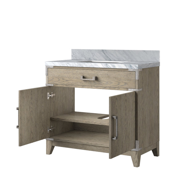 English Elm Grey Oak Single Bath Vanity With Carrara Marble Top - Elegant Design, Soft-Close Doors & Storage Solutions B2731P259788