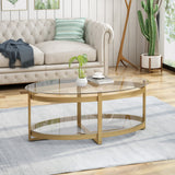 Christopher Knight Home® - Noble House - Plumeria Modern Glam Tempered Glass Oval Coffee Table with Iron Frame, Brass Finish