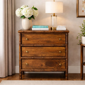 English Elm Solid Mango Wood Three Drawer Chest Artisan Bamboo Frame Warm Chestnut Bedroom Storage B182P476721
