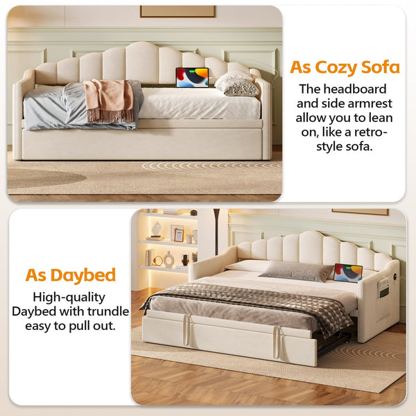 English Elm Upholstered Twin Daybed with Pop up Trundle Velvet Frame and Built in Usb Charging Beige N733S410648A