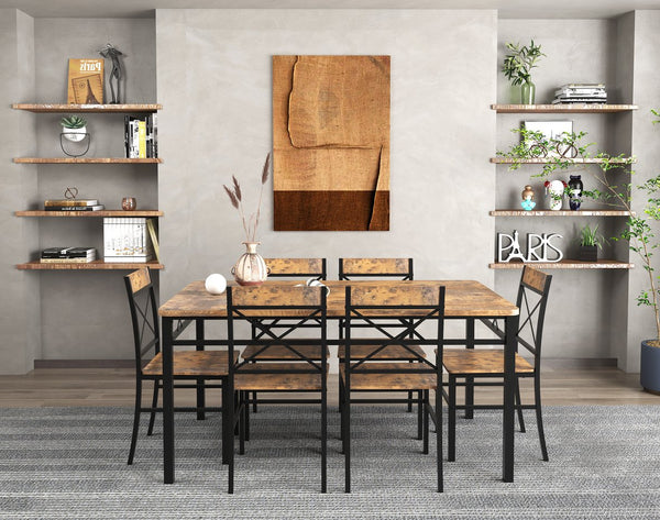 English Elm Dining Table Set With 6 Chairs - Rustic Walnut Finish, Compact Design, Easy Assembly For Small Spaces W2129P388681