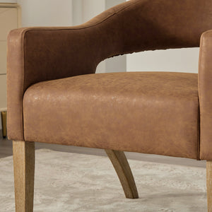 English Elm Modern Pu Leather Barrel Armchair Set of 4 with Sculpted Back Rubberwood Legs Brown W3118S00033
