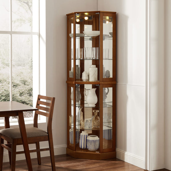 English Elm 6 Shelf Corner Curio Cabinet with Interior Lighting, Mirrored Back, Glass Shelves for Displays Walnut W1693P165021