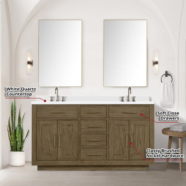 English Elm Grey Oak Double Bath Vanity 60 in. W x 22 in. D with White Quartz Top, Chrome Faucets & Dual Mirrors B2731S01797