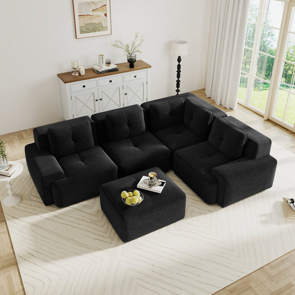 English Elm Modern Corduroy Sectional Sofa Deep Seat V Shape Tufted Couch with Movable Ottoman Black W714S01585