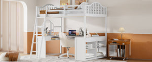 English Elm Full Wood Loft Bed with Wraparound Study Desk Built-in Storage and Vanity Mirror N708S00008K