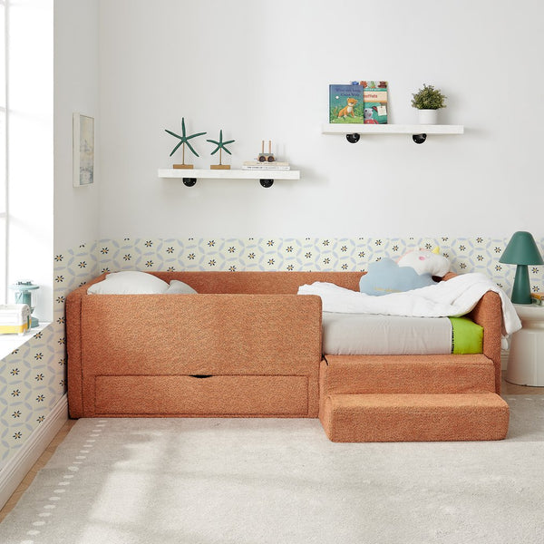 English Elm Twin Boucle Upholstered Kids Bed with Guardrails Built in Storage and Cushioned Step Stool Orange W1413P433367