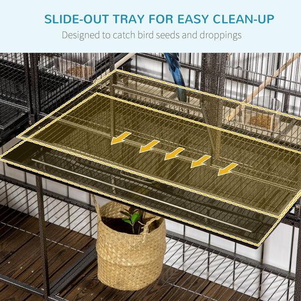 English Elm Pawhut Spacious Double Compartment Rolling Metal Bird Cage with Perch and Storage Shelf W2225P173759