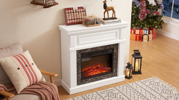 English Elm Electric Fireplace Mantel Surround with 23 Inch Insert Remote Raised Panel Wood Finish White W2275S00045