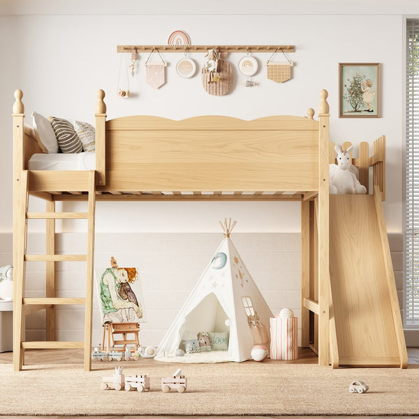 English Elm Full Loft Bed With Fun Slide, Storage Shelves, Solid Wood Design For Kids' Cozy Room Setup W1580S00247