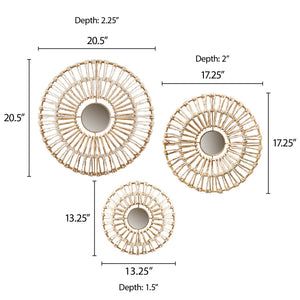 JLA Home Madison Park - Round Natural Fiber and Mirror 3-Piece Wall Accents — Boho Corn Husk Mirrors for Living Room Decor MP95B-0241