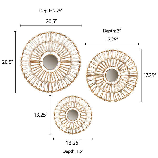 JLA Home Madison Park - Round Natural Fiber and Mirror 3-Piece Wall Accents — Boho Corn Husk Mirrors for Living Room Decor MP95B-0241