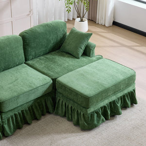 English Elm 103.15'' Chenille L-shaped Sectional Sofa with Detachable Pleated Skirt and Ottoman Green W3612S00046