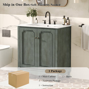 English Elm Christopher Knight Home® - 30" Vintage Bathroom Vanity with Rectangle Ceramic Sink, Rubber Wood Legs, Soft-Close Doors, Adjustable Shelves Antique blue green,Teal N817P245316B