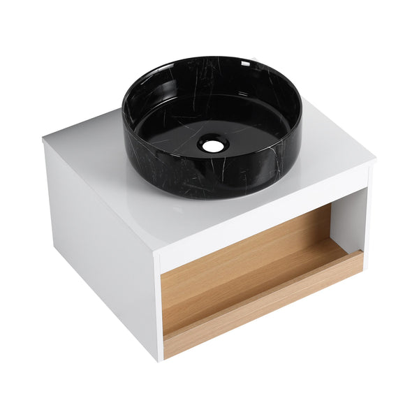English Elm 24" Floating Bathroom Vanity Open Shelf Ceramic Vessel Sink Modern White Wood Finish W3450S00055