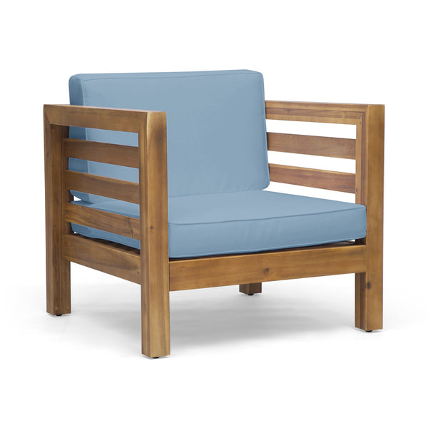 English Elm Christopher Knight Home® - OANA Outdoor Club Chair with Acacia Wood Frame, Removable Cushions, Slatted Design for Quick Drying Pecan+Blue 65546.00BLU