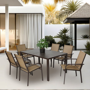 English Elm 7 Pieces Patio Dining Set - Durable Outdoor Table & 6 Stackable Textilene Chairs For Gardens & Decks W640S00051