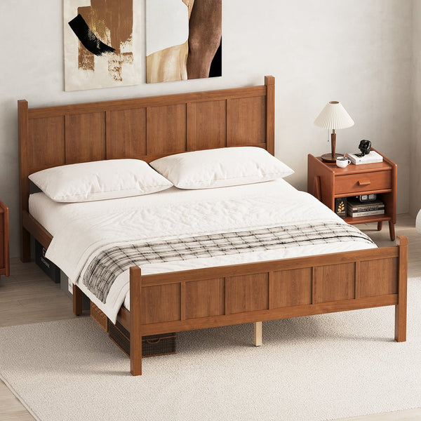 English Elm Queen Platform Bed Shaker Farmhouse Style with Vertical Slat Headboard and Wood Grain Finish Walnut N733P422480D