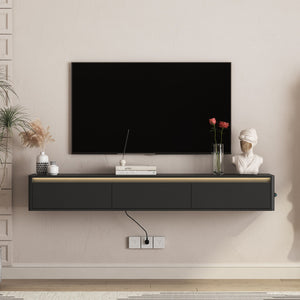 English Elm Floating TV Stand with Touch LED Strip, Built-In Power Hub & Ample Storage for Modern Living Rooms Black 74.61 L x 17.52 W x 6.1 H W1321P389542