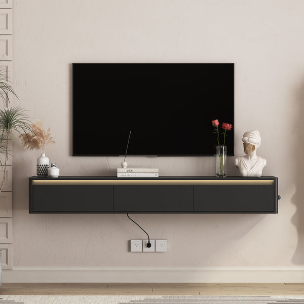 English Elm Floating TV Stand with Touch LED Strip, Built-In Power Hub & Ample Storage for Modern Living Rooms Black 74.61 L x 17.52 W x 6.1 H W1321P389542