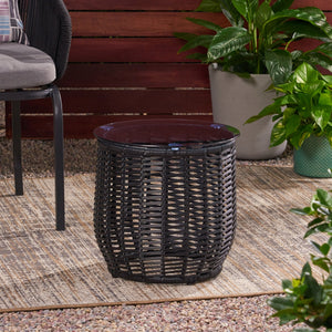English Elm Christopher Knight Home® - ARIAS RATTAN SIDE TABLE with Tempered Glass Top, Boho Drum Design, Durable Woven Polyethylene Finish Black 65764.00BLK