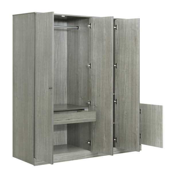 English Elm 4-Door Wardrobe with Full-Length Mirror, Dust-Proof Compartments, Shoe Door & Anti-Tip Safety Features Gray N820S00056E