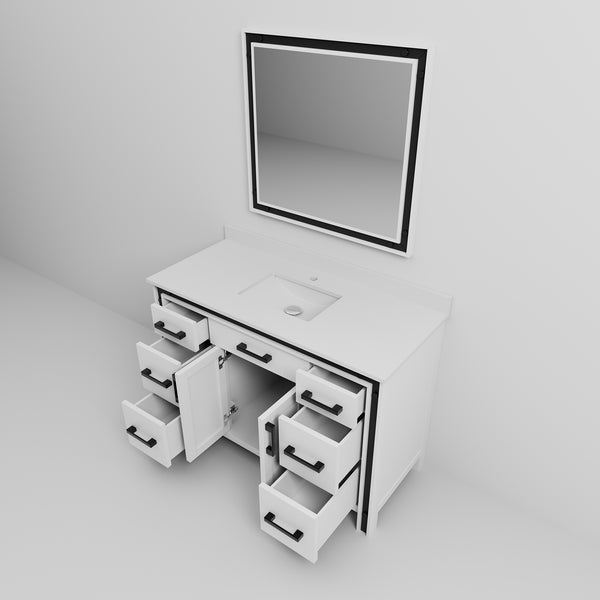 English Elm White Bath Vanity 48x22 with White Quartz Top, Soft-Close Drawers, Mirror Included, Durable Finish B2731S00805