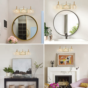 English Elm 17" Modern Crystal Bathroom Vanity Light - 3-Light Gold Wall Sconce with Clear Glass Shades, Elegant Hard-Wired Fixture W2312P374823