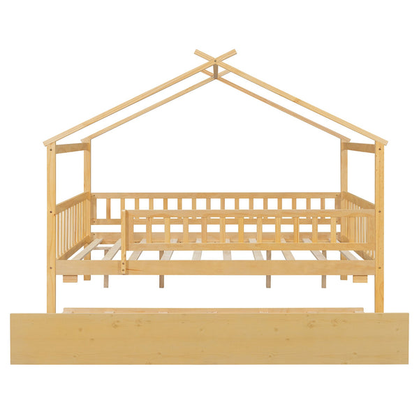 English Elm Full Size Pine House Bed with Roofline Frame and Roll Out Twin Trundle for Kids Natural LP100306AAN
