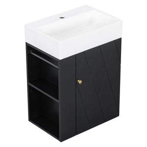 English Elm 20 Modern Wall-Mounted Bathroom Vanity with Ceramic Sink, Diamond Door, Gold Handles & Shelves — Compact Black N725P314033B