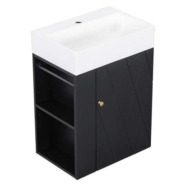 English Elm 20 Modern Wall-Mounted Bathroom Vanity with Ceramic Sink, Diamond Door, Gold Handles & Shelves — Compact Black N725P314033B