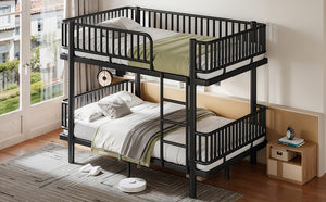 English Elm Twin Over Metal Bunk Bed with Led Lights Usb Ports Drawers and Sofa Conversion Black W5305S00070